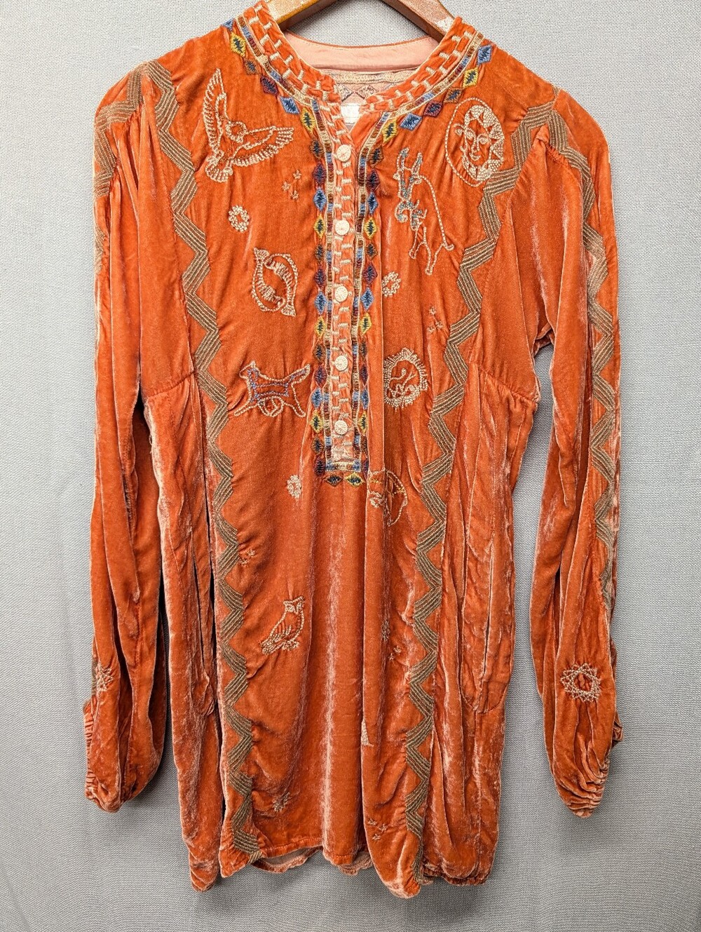 Johnny Was Biya Lyra Orange Embroidered Silk Velvet Tunic Shirt, NWT, Size XXS